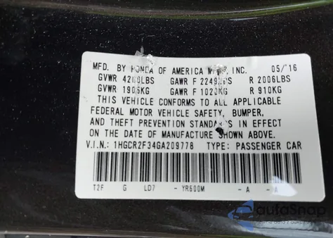2016 Honda Accord Lx z USA, uszkodzony, nr VIN 1HGCR2F34GA209778